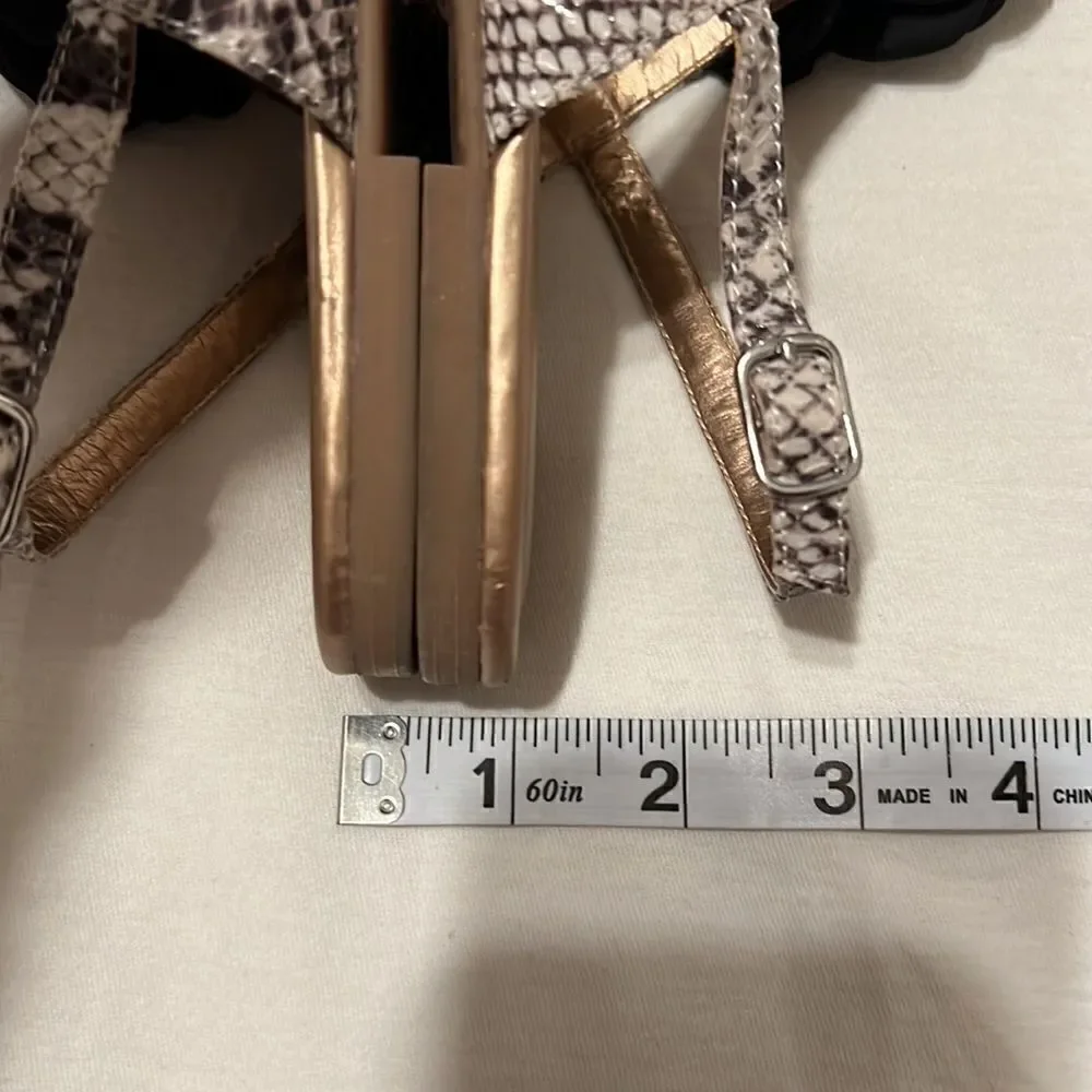 BCBGeneration sz 7 gold sandals w/black flower & snake print straps GUC No box